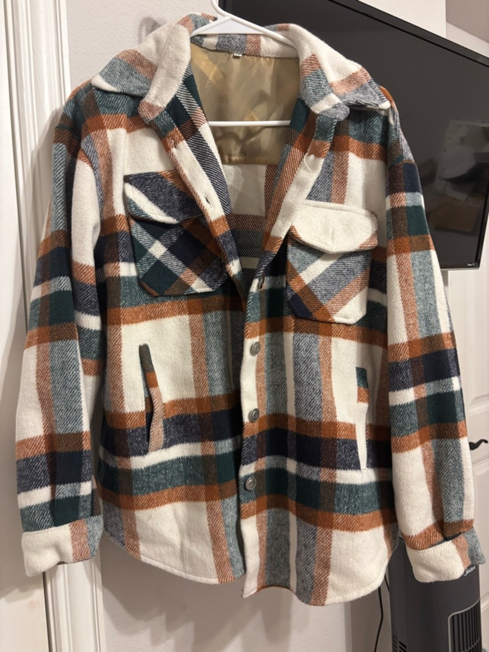 Plaid Button-Up Shacket in Cream, Rust & Teal